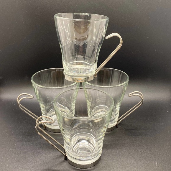 Modern Glass and Chrome Cappuccino Cups - Set of 4, Vintage Bormioli Rocco Verdi - Picture 1 of 5